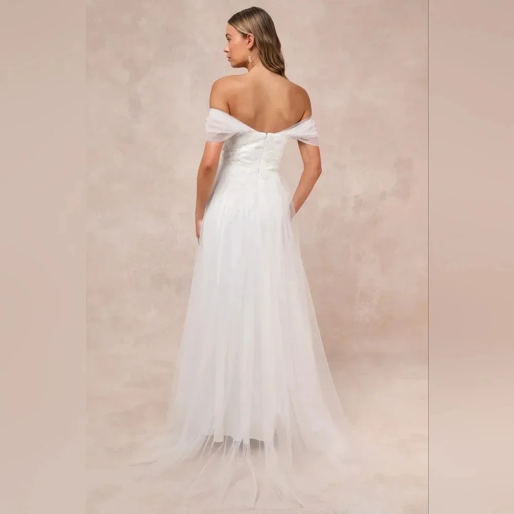 Lulus Blissfully Romantic White Tulle Off-the-Shoulder Maxi Dress Bridal Wedding - Picture 5 of 11